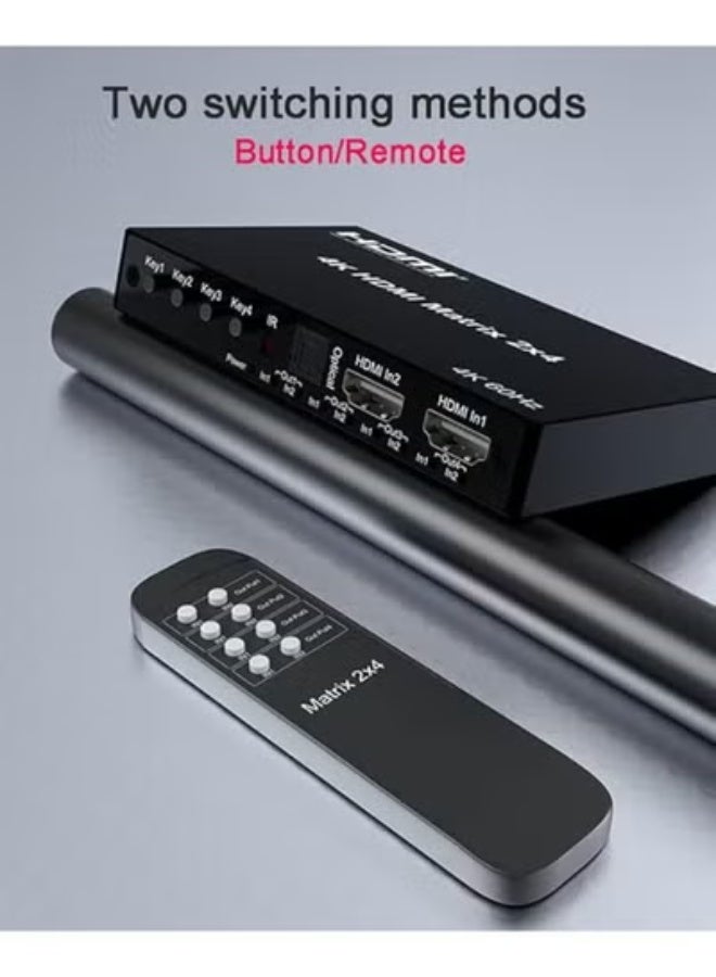 4K@60Hz HDMI Matrix Switcher 2x4 – HDMI 2.0 Splitter 2-In 4-Out – HDR & RGB/YUV 4:4:4 Support – Optical SPDIF & 3.5mm Audio Extractor with IR Remote. - Image 5
