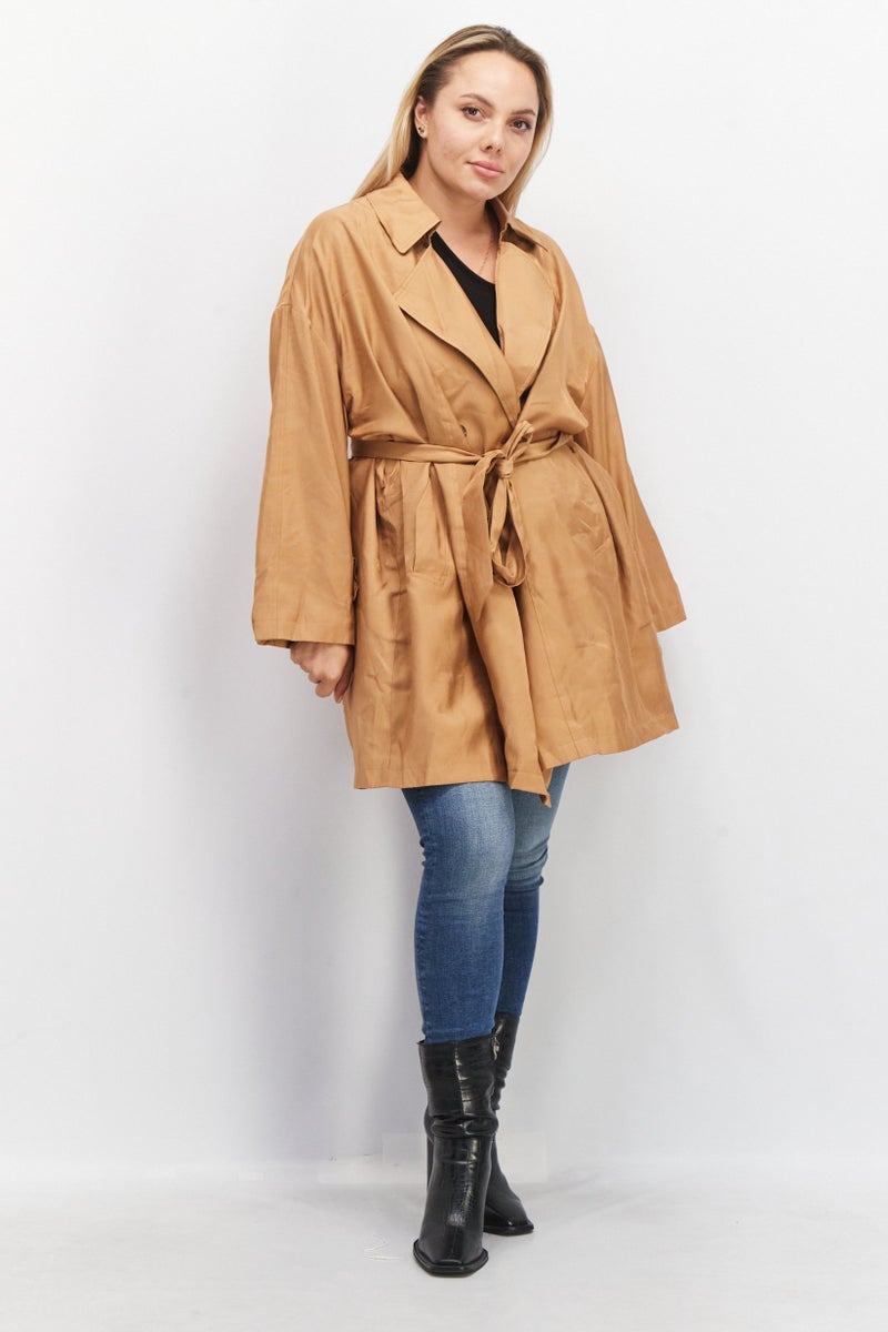 VERO MODA Women Spread Collar Long Sleeve Plain Trench Coat, Brown  - Image 2