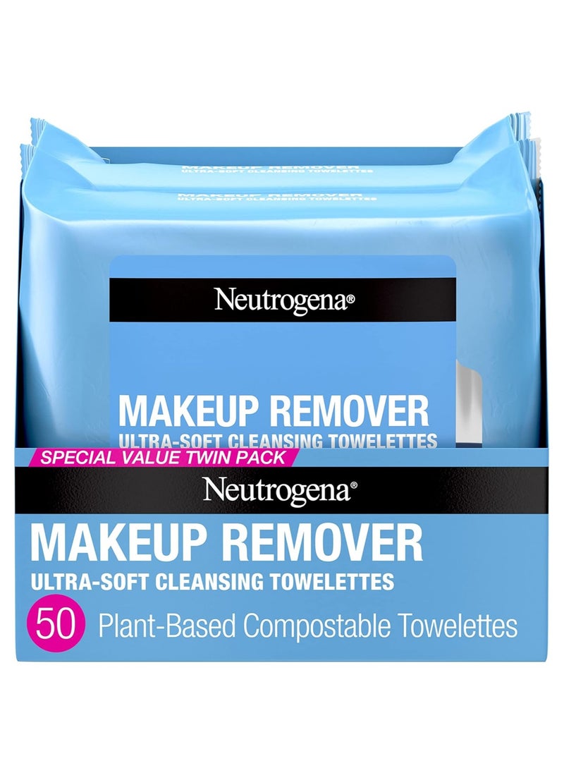 Neutrogena Neutrogena Makeup Remover Cleansing Face Wipes, Daily Cleansing Facial Towelettes to Remove Waterproof Makeup and Mascara, Alcohol-Free, Value Twin Pack, 25 Count, 2 Pack  - Image 1