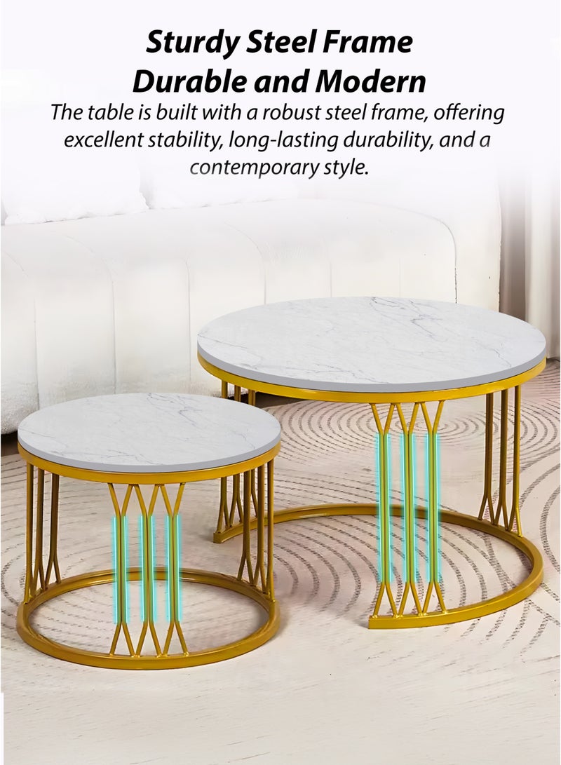 DBLEW Modern Faux White Marble Finish Round Nesting Coffee Table Set of 2 One Small and One Big Side Tea Tables with Golden Steel Base Space Saving Design Durable 9mm Sintered Stone Top Perfect for Home Living Room Bedroom Outdoor Garden Patio or Small Spaces Versatile End Table, Sofa Side, Center Table Bedside Tables Stackable Accent Table  - Image 5