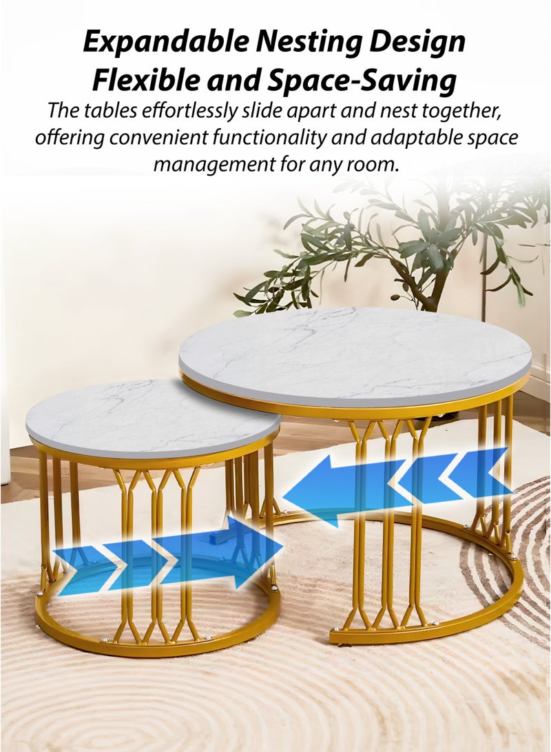 DBLEW Modern Faux White Marble Finish Round Nesting Coffee Table Set of 2 One Small and One Big Side Tea Tables with Golden Steel Base Space Saving Design Durable 9mm Sintered Stone Top Perfect for Home Living Room Bedroom Outdoor Garden Patio or Small Spaces Versatile End Table, Sofa Side, Center Table Bedside Tables Stackable Accent Table  - Image 3