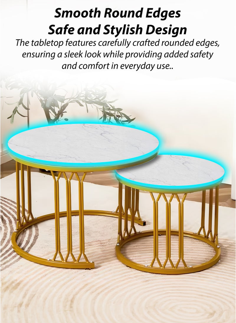 DBLEW Modern Faux White Marble Finish Round Nesting Coffee Table Set of 2 One Small and One Big Side Tea Tables with Golden Steel Base Space Saving Design Durable 9mm Sintered Stone Top Perfect for Home Living Room Bedroom Outdoor Garden Patio or Small Spaces Versatile End Table, Sofa Side, Center Table Bedside Tables Stackable Accent Table  - Image 4