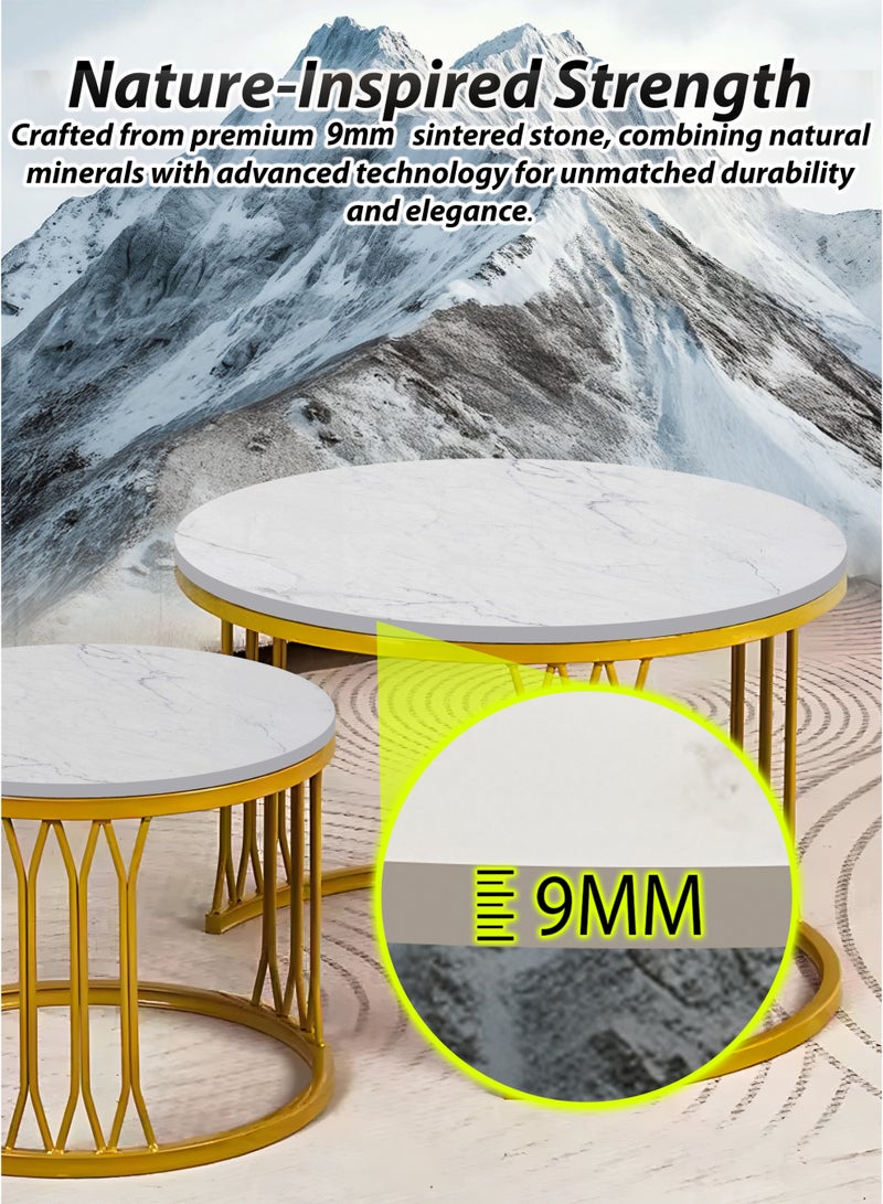 DBLEW Modern Faux White Marble Finish Round Nesting Coffee Table Set of 2 One Small and One Big Side Tea Tables with Golden Steel Base Space Saving Design Durable 9mm Sintered Stone Top Perfect for Home Living Room Bedroom Outdoor Garden Patio or Small Spaces Versatile End Table, Sofa Side, Center Table Bedside Tables Stackable Accent Table  - Image 2