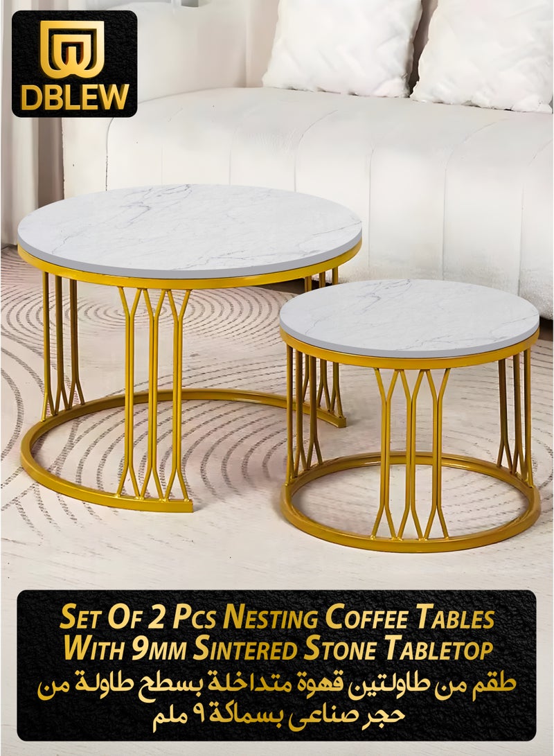 DBLEW Modern Faux White Marble Finish Round Nesting Coffee Table Set of 2 One Small and One Big Side Tea Tables with Golden Steel Base Space Saving Design Durable 9mm Sintered Stone Top Perfect for Home Living Room Bedroom Outdoor Garden Patio or Small Spaces Versatile End Table, Sofa Side, Center Table Bedside Tables Stackable Accent Table  - Image 1
