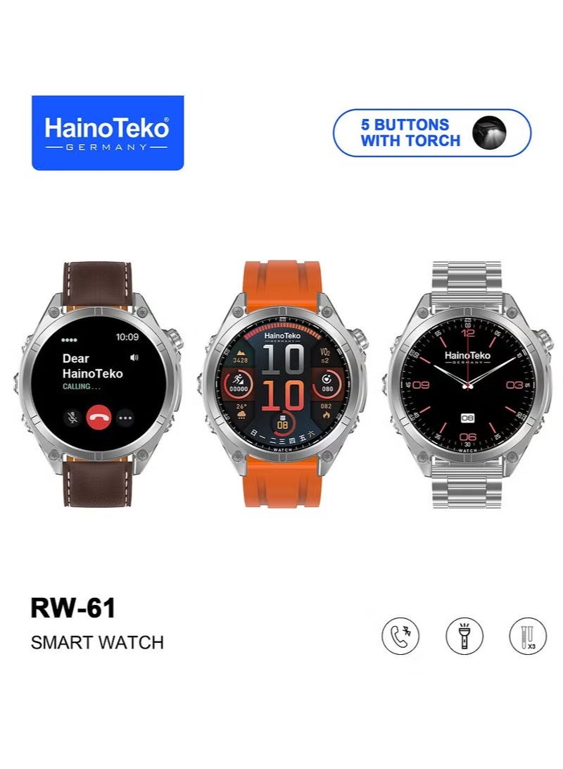 HainoTeko RW-61 Smartwatch for Ladies & Gents with Round AMOLED Display, Built-in Flashlight, 3 Interchangeable Straps, Fitness & Health Monitoring, Heart Rate & Sleep Tracking, Long Battery Life, Smart Notifications, Stylish Silver Design, Ideal for Daily Wear, Sports, Office & Travel - Image 1