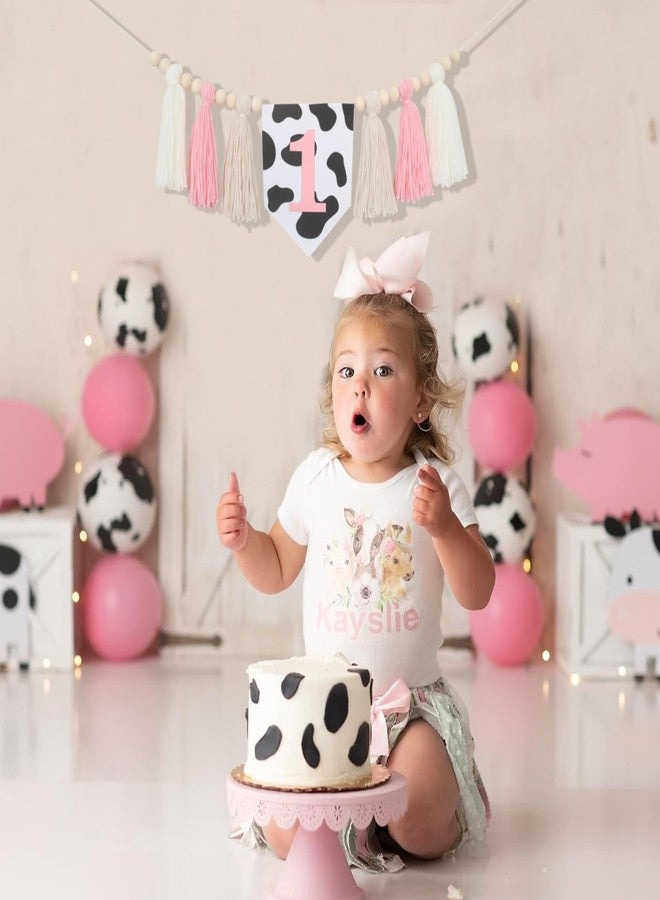 HGFC Holy Cow 1st Tassels Banner Birthday Decorations Girl - First Highchair Tassels Banner, High Chair Wood Beads Garland Party Supplies, Pink Black White, Photo Props, Handmade - Image 5