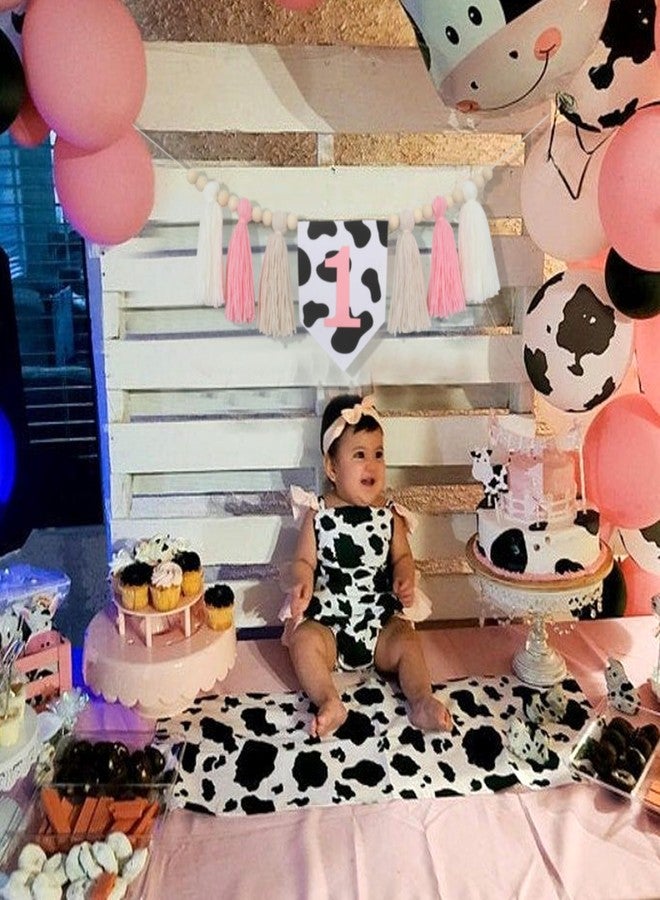 HGFC Holy Cow 1st Tassels Banner Birthday Decorations Girl - First Highchair Tassels Banner, High Chair Wood Beads Garland Party Supplies, Pink Black White, Photo Props, Handmade - Image 4