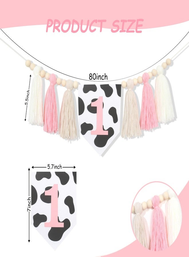 HGFC Holy Cow 1st Tassels Banner Birthday Decorations Girl - First Highchair Tassels Banner, High Chair Wood Beads Garland Party Supplies, Pink Black White, Photo Props, Handmade - Image 2