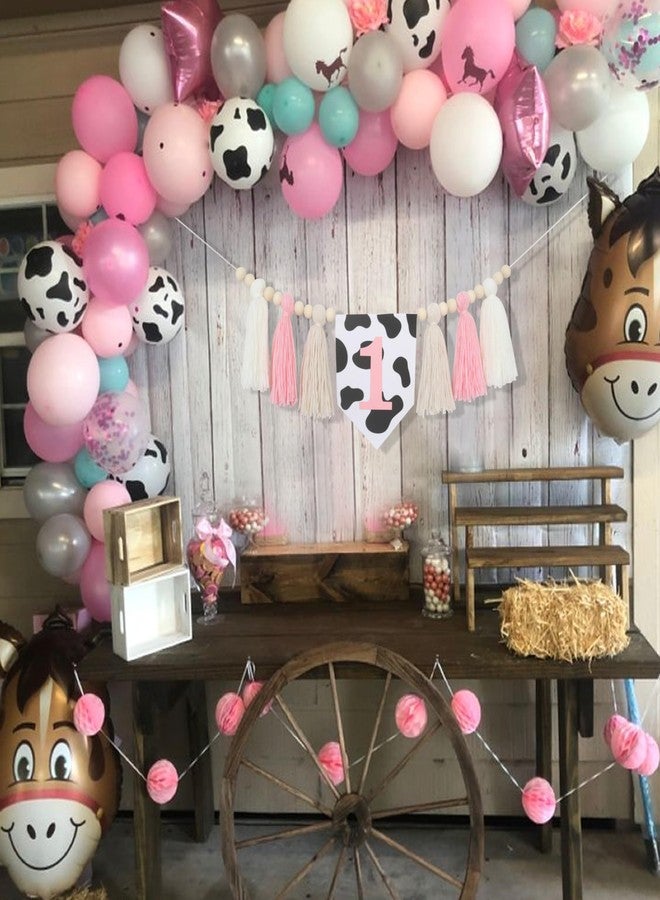HGFC Holy Cow 1st Tassels Banner Birthday Decorations Girl - First Highchair Tassels Banner, High Chair Wood Beads Garland Party Supplies, Pink Black White, Photo Props, Handmade - Image 3