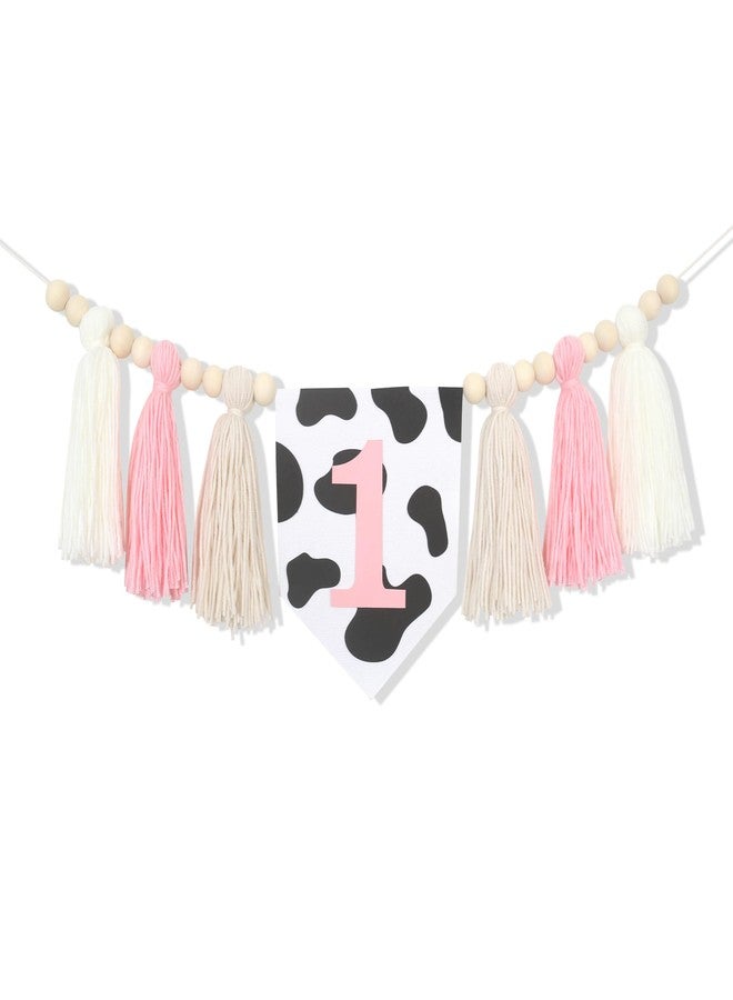 HGFC Holy Cow 1st Tassels Banner Birthday Decorations Girl - First Highchair Tassels Banner, High Chair Wood Beads Garland Party Supplies, Pink Black White, Photo Props, Handmade - Image 1