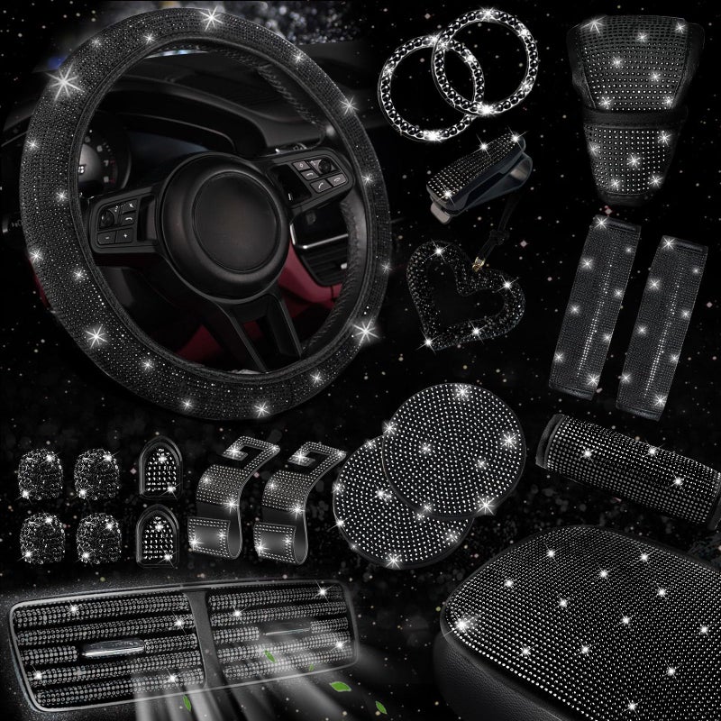 NBTEPEM 30 Pcs Black Bling Car Accessories Set for Women, Steering Wheel Cover Set, Bling Console Cover, Seat Belt Cushion, Shift Knob Cushion, Cup Holder Coaster, Rhinestone Car Hanging Accessories - Image 1