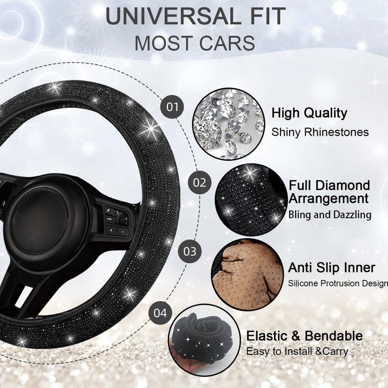 NBTEPEM 30 Pcs Black Bling Car Accessories Set for Women, Steering Wheel Cover Set, Bling Console Cover, Seat Belt Cushion, Shift Knob Cushion, Cup Holder Coaster, Rhinestone Car Hanging Accessories - Image 2