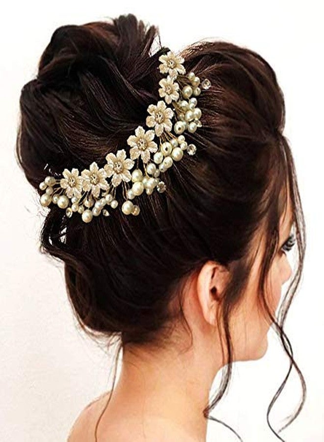 Rose Petals Bridal Hair Bun Clip Tiara For Women Wedding Girls Hair Clip Leaves Pearl Rhinestone Crystal Spray Flower Hair Floral Vintage Hair Barrette Bridesmaids Headpiece White (Bun Clip) - Image 1