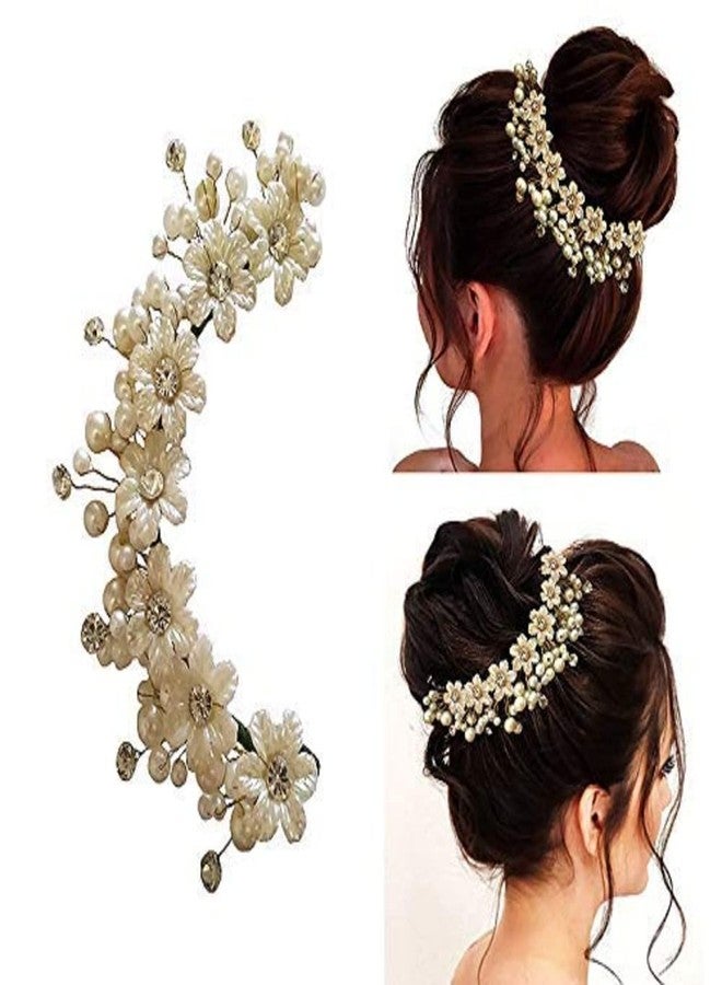 Rose Petals Bridal Hair Bun Clip Tiara For Women Wedding Girls Hair Clip Leaves Pearl Rhinestone Crystal Spray Flower Hair Floral Vintage Hair Barrette Bridesmaids Headpiece White (Bun Clip) - Image 3