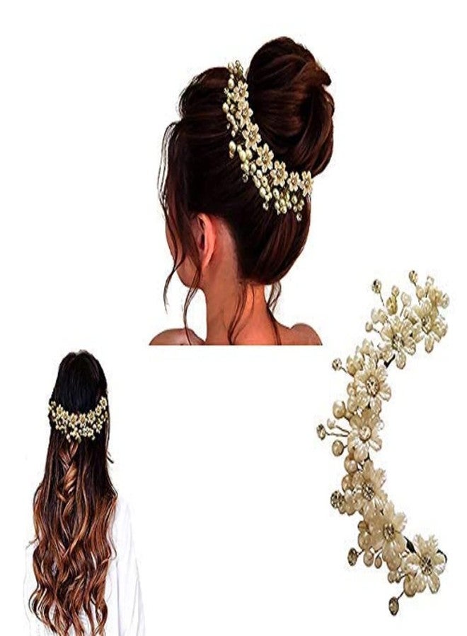 Rose Petals Bridal Hair Bun Clip Tiara For Women Wedding Girls Hair Clip Leaves Pearl Rhinestone Crystal Spray Flower Hair Floral Vintage Hair Barrette Bridesmaids Headpiece White (Bun Clip) - Image 4