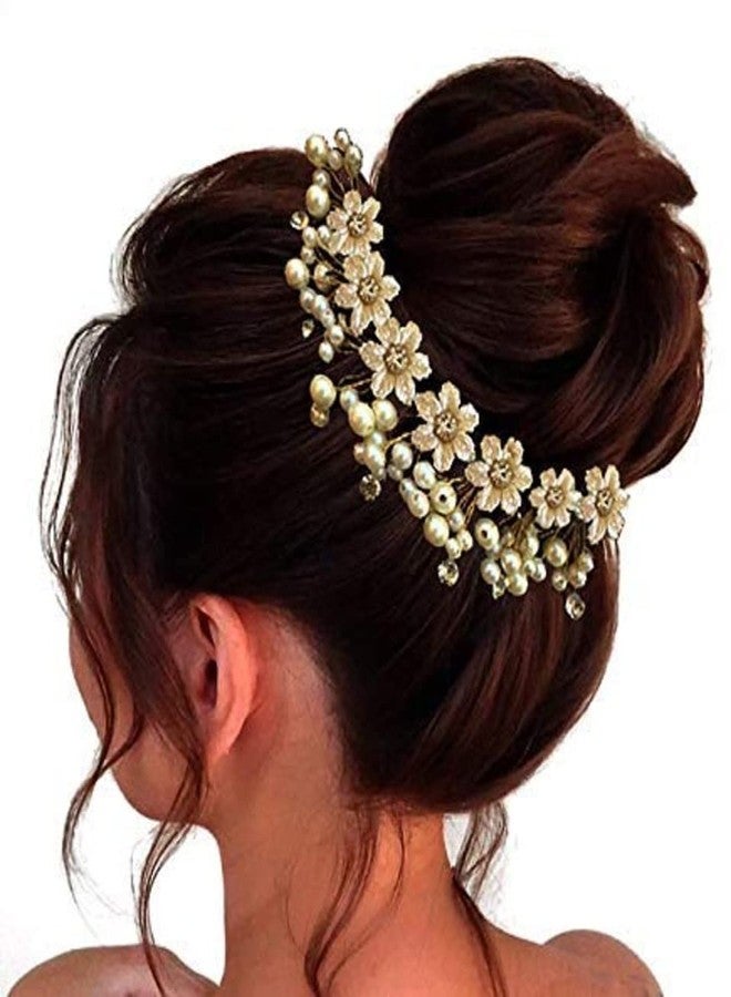 Rose Petals Bridal Hair Bun Clip Tiara For Women Wedding Girls Hair Clip Leaves Pearl Rhinestone Crystal Spray Flower Hair Floral Vintage Hair Barrette Bridesmaids Headpiece White (Bun Clip) - Image 2