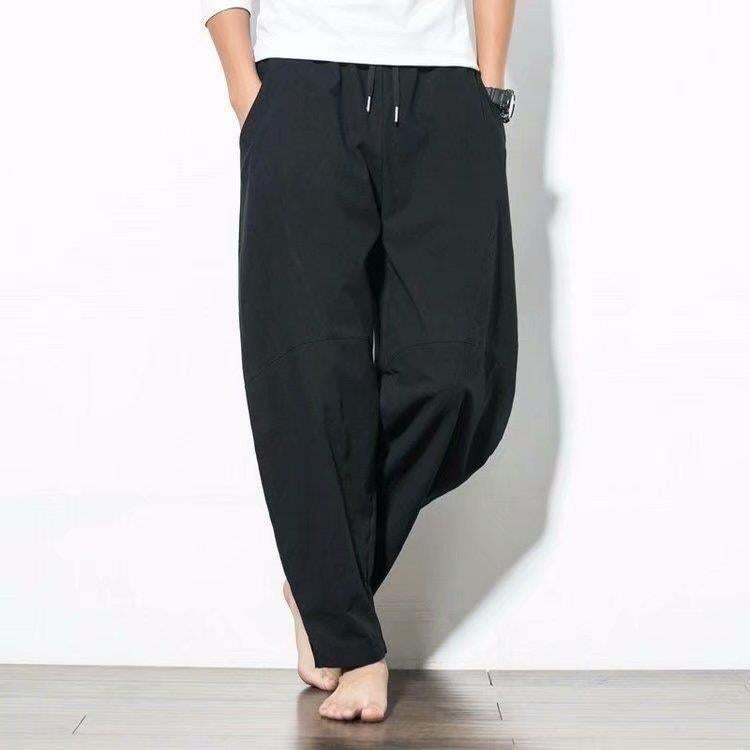 Chinese Style Mens Linen Wide-Leg Pants Black 