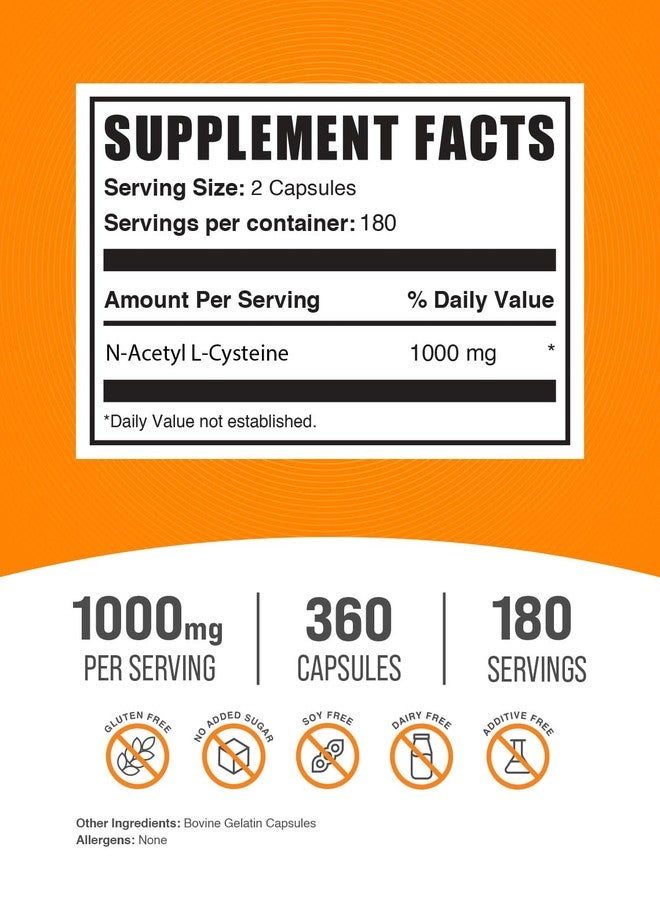 BulkSupplements.com N-Acetyl L-Cysteine 1000mg Capsules - N-Acetyl Cysteine 1000mg, NAC Supplement - NAC 1000mg, Gluten Free - 2 Capsules per Serving, 360 Capsules (Pack of 1) - Image 2