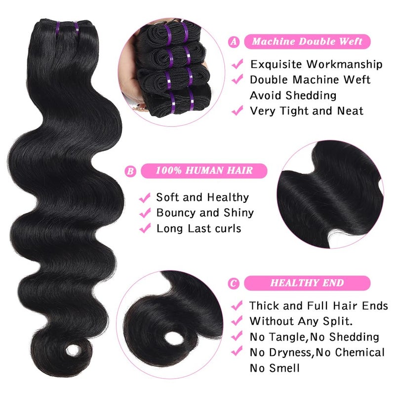 Beauty Queen 16A Body Wave Bundles Human Hair 20 22 24 Inch 100% Unprocessed Human Hair Bundles Traditional Sew In Bundles Full Brazilian Remy Hair Extensions Natural Color - Image 2
