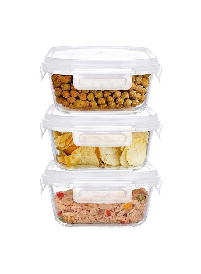 SIMPARTE Borosilicate Square Glass Food Container with Air Vent Lid, Transparent, Safe Storage & Lock, Microwave Safe & Oven Safe (320ML-Lock Lid-jar-set of 3) - Image 1