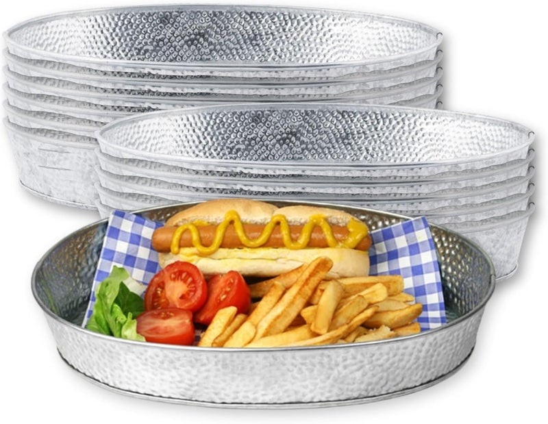 Tablecraft Galvanized Oval Serving Trays Steel Dinner Food Platter Silver Pebble Textured Rustic Style Plates for Restaurant Patio Indoor and Outdoor Use Reusable Unbreakable 12x9 12 Pcs - Image 1