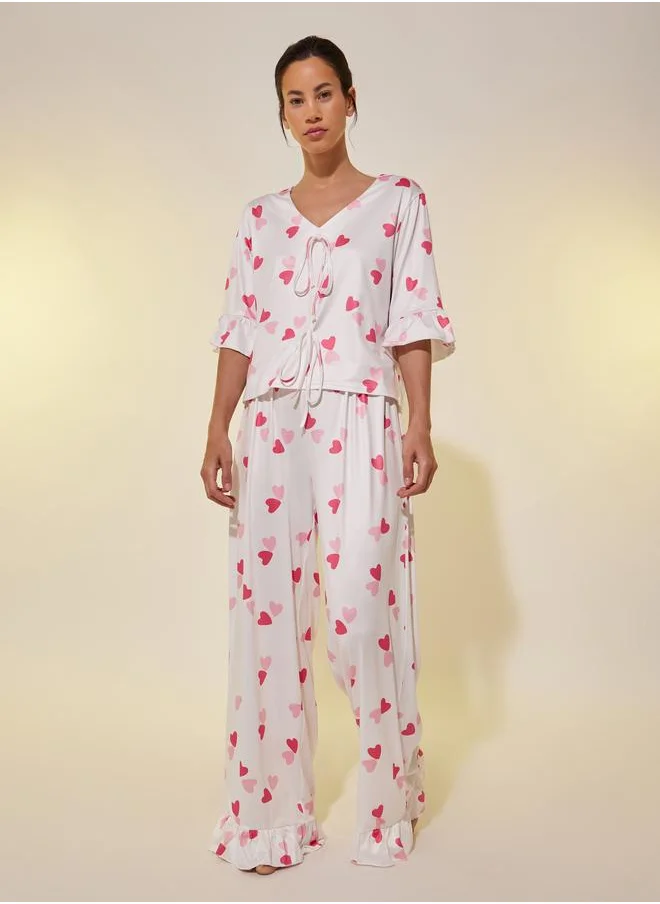 Take Two Take Two Ruffled Trim Graphic Print Top and Pyjama Set