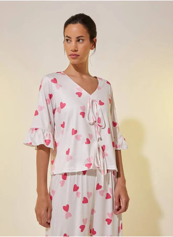 Take Two Take Two Ruffled Trim Graphic Print Top and Pyjama Set