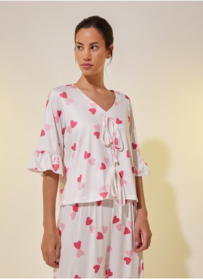 Take Two Take Two Ruffled Trim Graphic Print Top and Pyjama Set  - Image 2