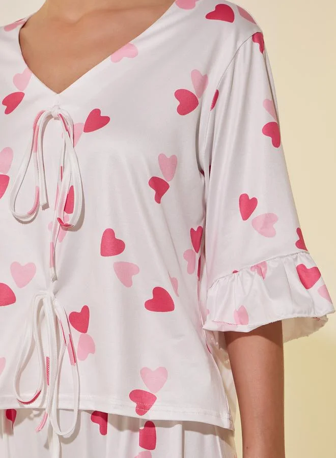 Take Two Take Two Ruffled Trim Graphic Print Top and Pyjama Set