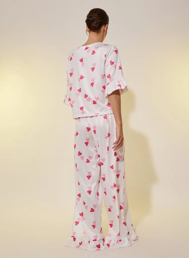 Take Two Take Two Ruffled Trim Graphic Print Top and Pyjama Set
