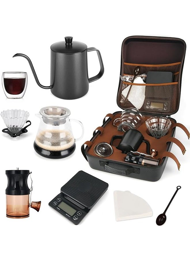 V60 Coffee Drip Set, Manual Pour Over Drip Coffee Maker Set, 9 Piece Coffee Accesspries with Portable Carry Case, Coffee Scale, Coffee Pot, Coffee Filter, Coffee Grinder