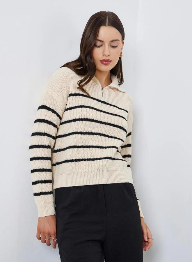 Beige Striped Zip-Up Short Length Sweater