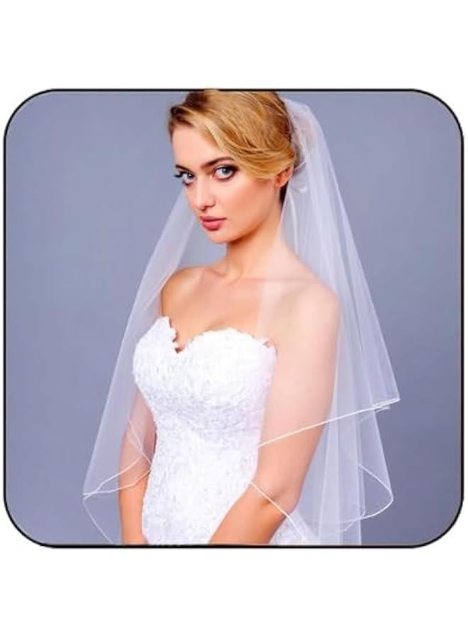 2 Tier Bride Wedding Veil Elbow Length Short Bridal Tulle Veils Ribbon Edge Veils with Comb for Brides and Women - Image 1