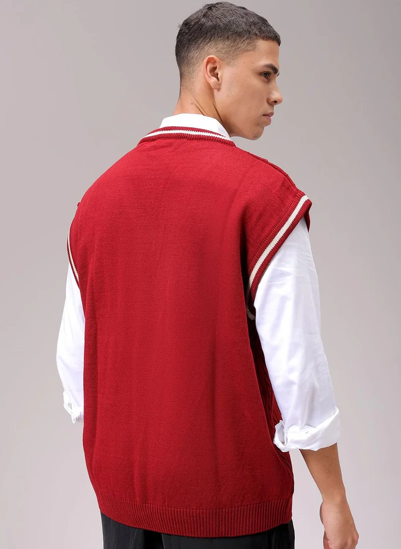 The Indian Garage Co Men Oversized Textured V-Neck Sweater