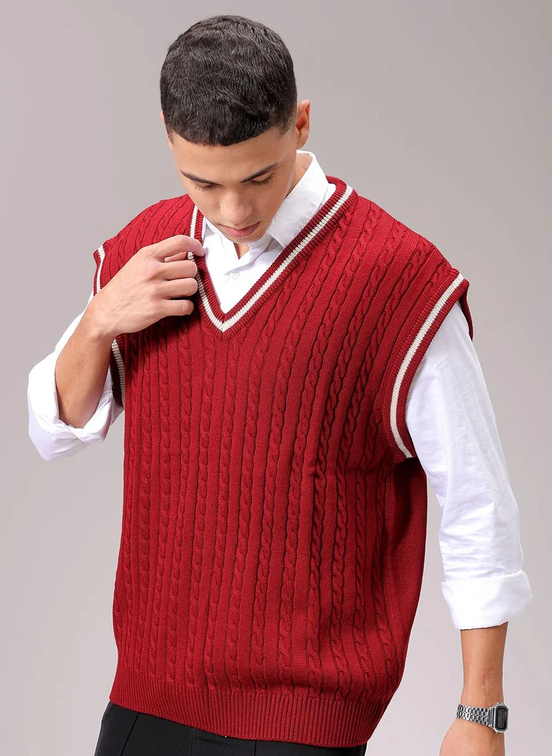 The Indian Garage Co Men Oversized Textured V-Neck Sweater