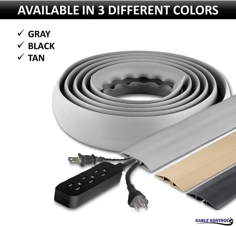 KABLE KONTROL Floor Cord Cover Kit - 15’ Feet Long - Gray - Channel Size – 0.75” W x 0.43” H - Cable Management Kit - Wire Protector - Cable Organizer and Hider - Flexible PVC Cable Cover - Image 2