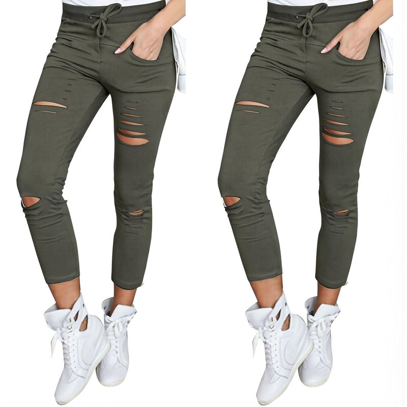 Womens Ripped Stretchy Capri Pants Soft Cotton Blend High Waist White S - Image 5