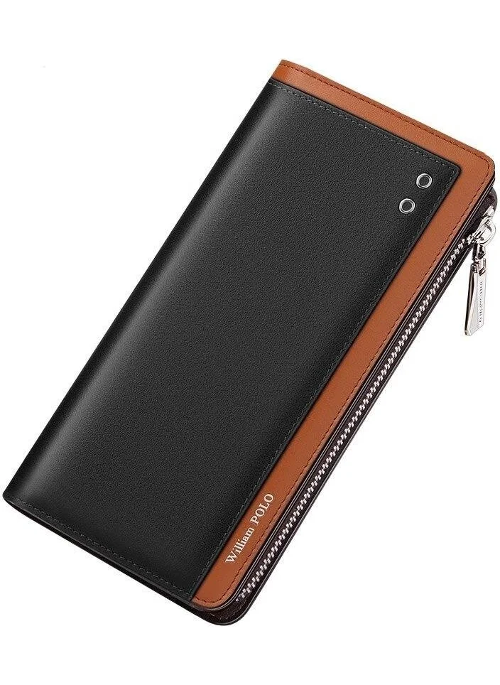 William Polo Italian Leather Black Long Card Holder Wallet