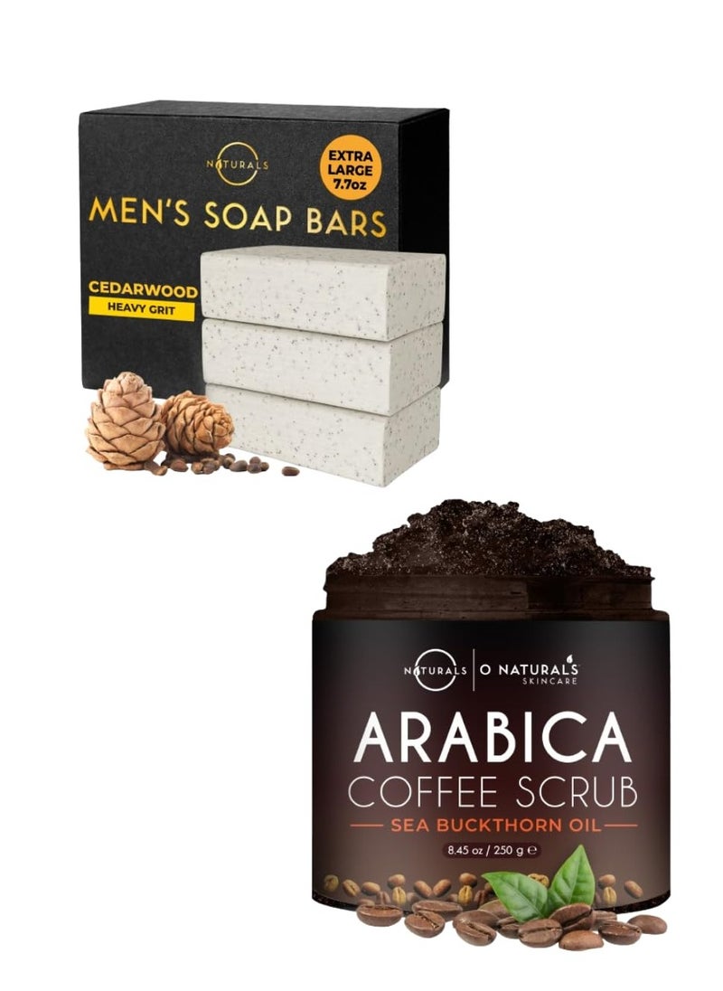 O Naturals O Naturals 3pc Cedarwood Exfoliating Soap & Coffee Arabica Scrub Bundle - Heavy Grit All Natural Bar Soap with Apricot Kernels, Organic Coffee Arabica Women & Mens Body Scrub with Dead Sea Salt Scrub  - Image 1