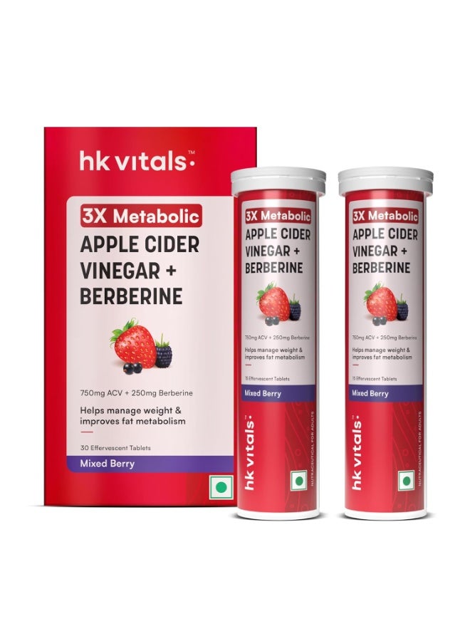 hk vitals 3x Metabolic Apple Cider Vinegar 750mg + Berberine 250mg, Mixed Berry, 30 Effervescent Tablets (15 Tablets each) | Combo Pack - Image 1
