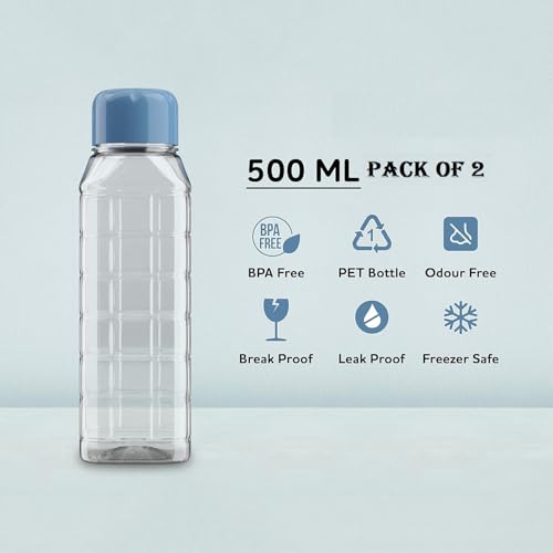 PUTHAK Rectangle Bottle Small BPA Free Clear Plastic Water Bottle, PET Bottle For Home, Fridge, Office, Gym, Yoga, School, Travel (Transparent & Multicolor Cap) (Chess- Bottle - 500ml, Pack 2) - Image 3