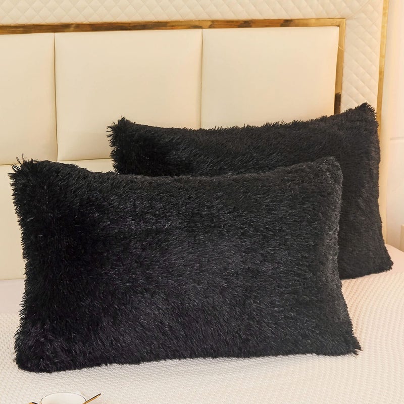 LIFEREVO 2 Pack Faux Fur Pillow ShamsShaggy Plush Home Decorative Luxury Series Super Soft Furry Pillow Case with Zipper Closure for Home Sofa Couch DecorationStandard Black20x26