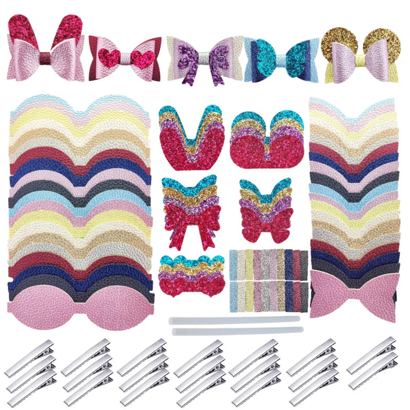 AOUXSEEM Faux Leather Hair Bows DIY Making Kit with Pre Cut Pieces and Hair ClipsMake Fashionable Shiny Hair Clips for Girls Lady WomanCute20 Set