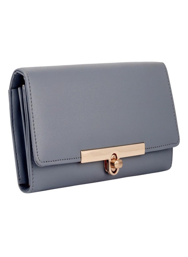 ALSU Women's Grey Wallet Clutch Purse | 4 Card Pocket| Twist Lock Closure| Phone Pocket (ldu-012gryblu) - Image 1