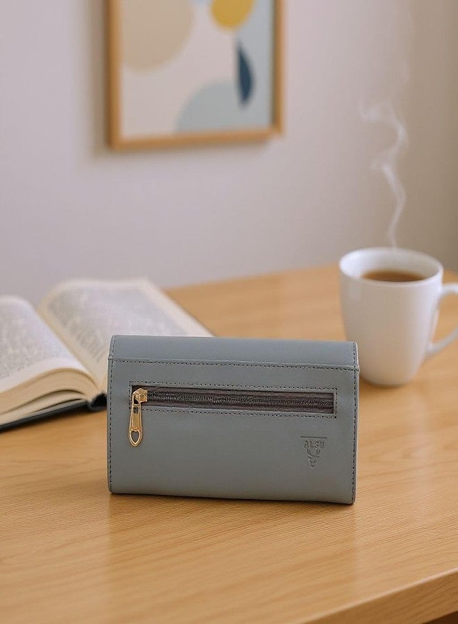 ALSU Women's Grey Wallet Clutch Purse | 4 Card Pocket| Twist Lock Closure| Phone Pocket (ldu-012gryblu) - Image 3