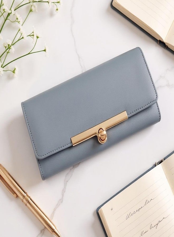 ALSU Women's Grey Wallet Clutch Purse | 4 Card Pocket| Twist Lock Closure| Phone Pocket (ldu-012gryblu) - Image 2