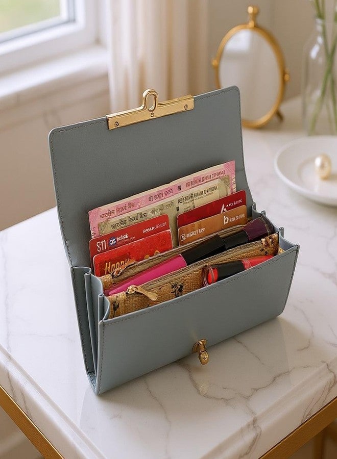 ALSU Women's Grey Wallet Clutch Purse | 4 Card Pocket| Twist Lock Closure| Phone Pocket (ldu-012gryblu) - Image 4