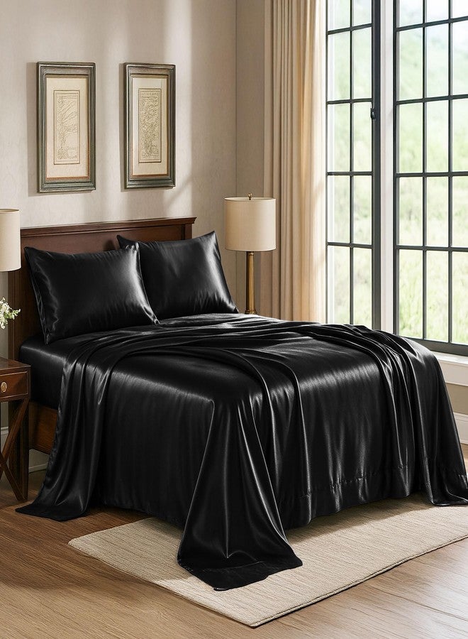 Pure Bedding Satin Sheets Twin [3-Piece, Black] Hotel Luxury Silky Bed Sheets - Extra Soft 1800 Microfiber Sheet Set, Wrinkle, Fade, Stain Resistant - Deep Pocket Fitted Sheet, Flat Sheet, Pillow Cases - Image 1