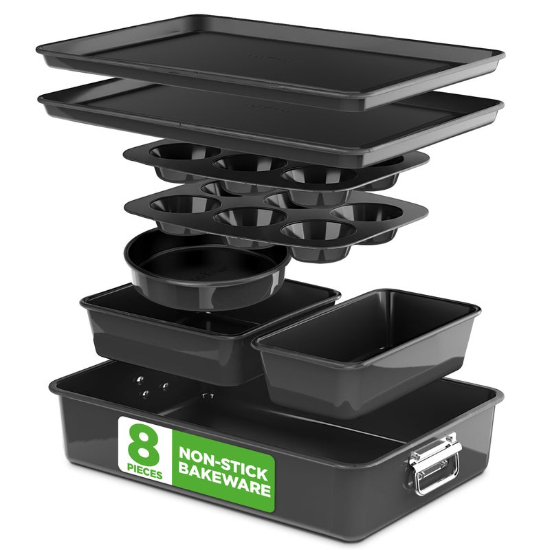 NutriChef 8-Piece Stackable Nonstick Bakeware Set - Premium Steel Baking Pans Set - Includes Round Cake Pan, 6-Cup Muffin Pans, Wide/Square Brownie & Loaf Pans, Cookie Sheet, & Roaster Pan (Black) - Image 1