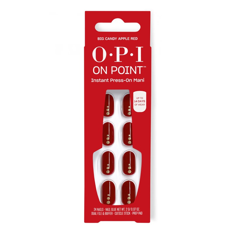 OPI On Point Big Candy Apple Red | Short Round Bright Red with Gold Glitter Nail Art Press On Nails | 24 Count with Nail Glue | Long Lasting, Reusable, Non-damaging | Fall 2025 Shades - Image 1